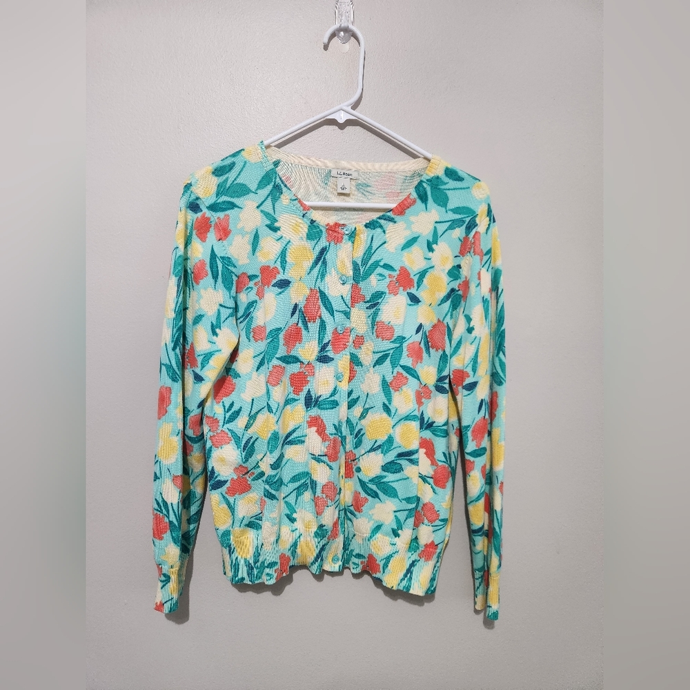 LL Bean Floral Button Front Sweater Womens Petite Large 100% Supima Cotton